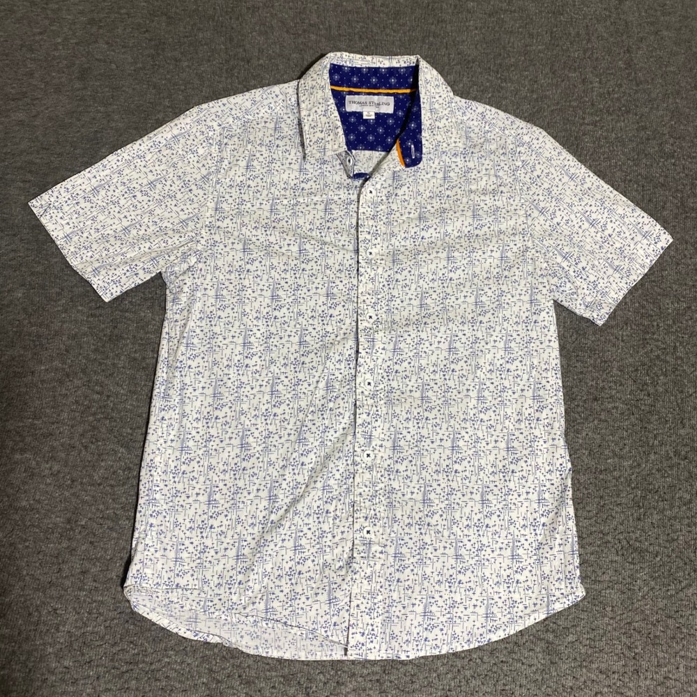 Thomas Sterling Mens Small Short Sleeve Button Down Shirt White Blue Geometric
